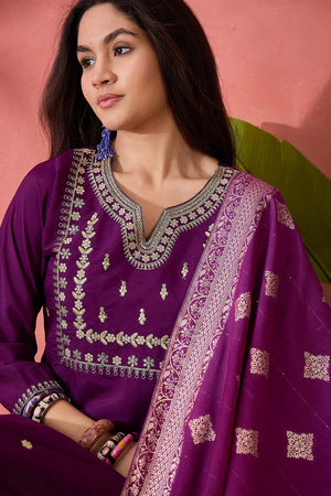 Violet Embroidered Silk Straight Cut Suit Set