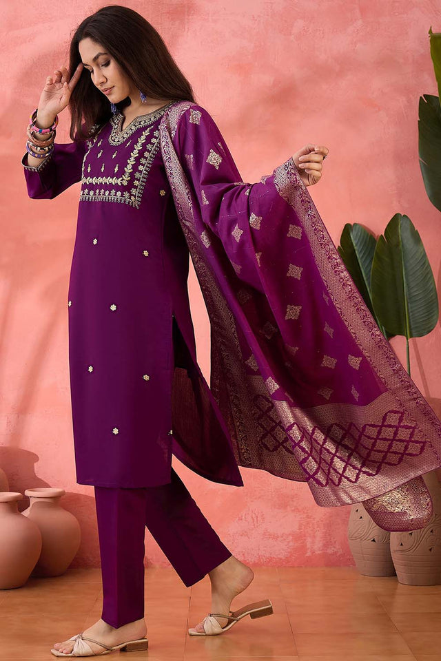 Violet Embroidered Silk Straight Cut Suit Set