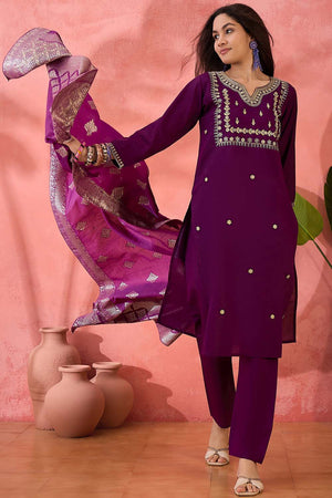 Violet Embroidered Silk Straight Cut Suit Set