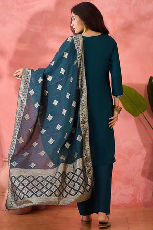 Turquoise Embroidered Silk Straight Cut Suit Set