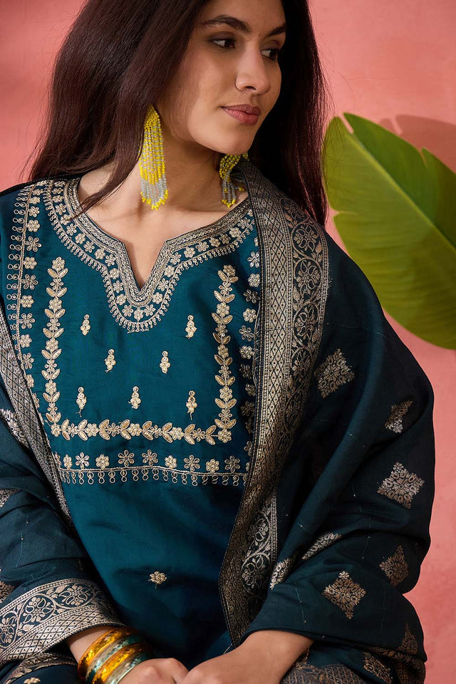 Turquoise Embroidered Silk Straight Cut Suit Set