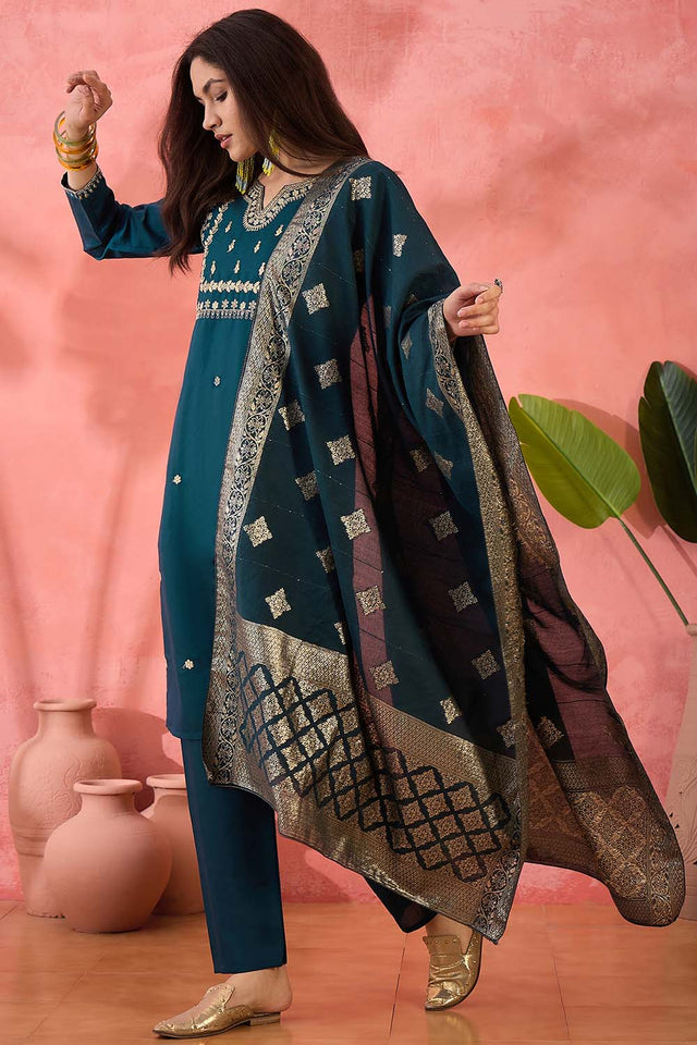 Turquoise Embroidered Silk Straight Cut Suit Set