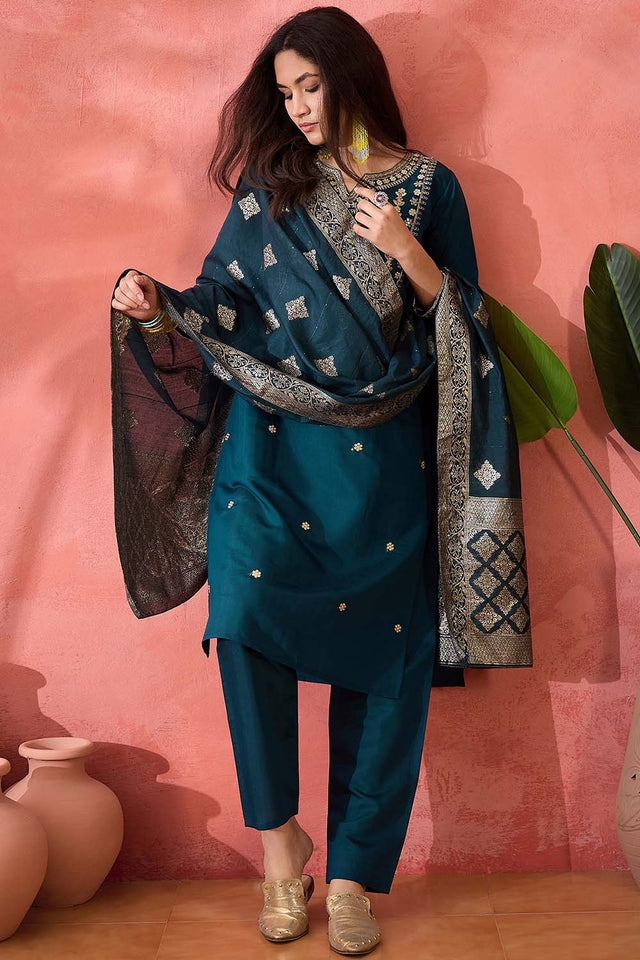 Turquoise Embroidered Silk Straight Cut Suit Set