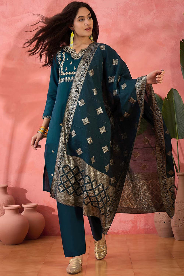 Turquoise Embroidered Silk Straight Cut Suit Set