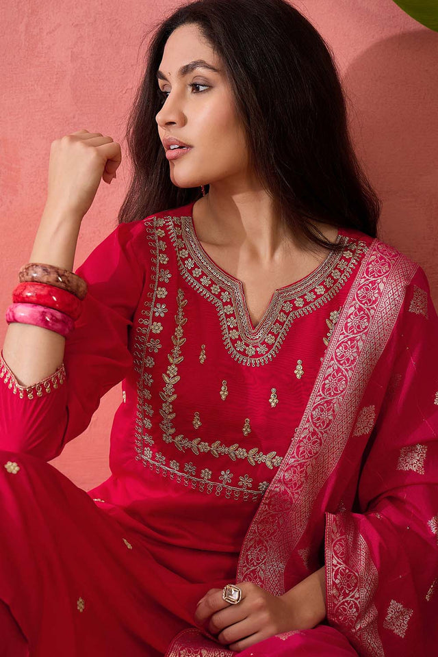 Pink Embroidered Silk Straight Cut Suit Set