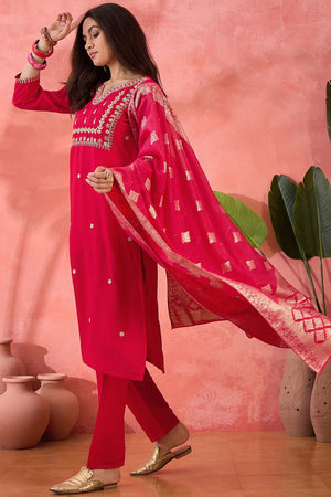 Pink Embroidered Silk Straight Cut Suit Set