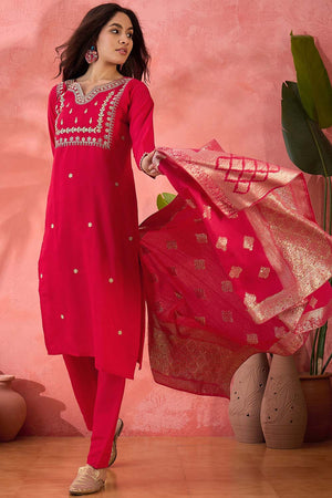 Pink Embroidered Silk Straight Cut Suit Set