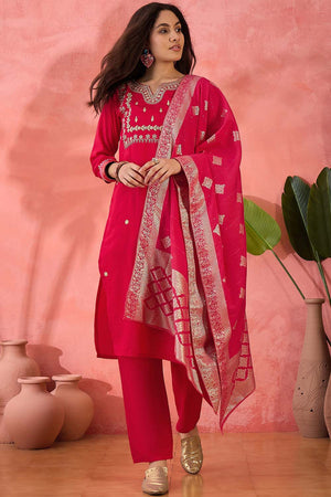 Pink Embroidered Silk Straight Cut Suit Set
