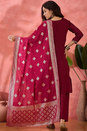 Red Embroidered Silk Straight Cut Suit Set