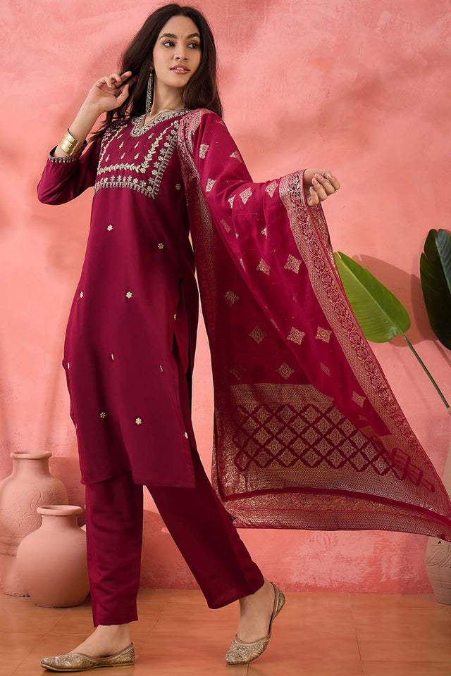Red Embroidered Silk Straight Cut Suit Set