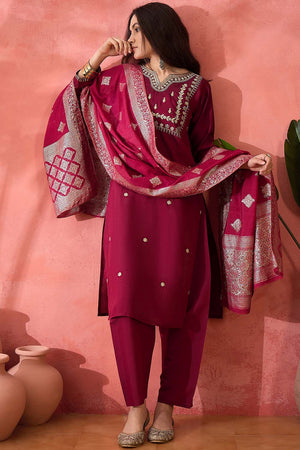 Red Embroidered Silk Straight Cut Suit Set