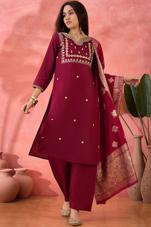 Red Embroidered Silk Straight Cut Suit Set