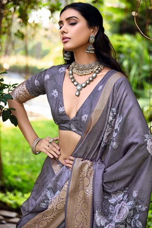 Grey Floral Printed Woven Silk Saree (ACZ6301)