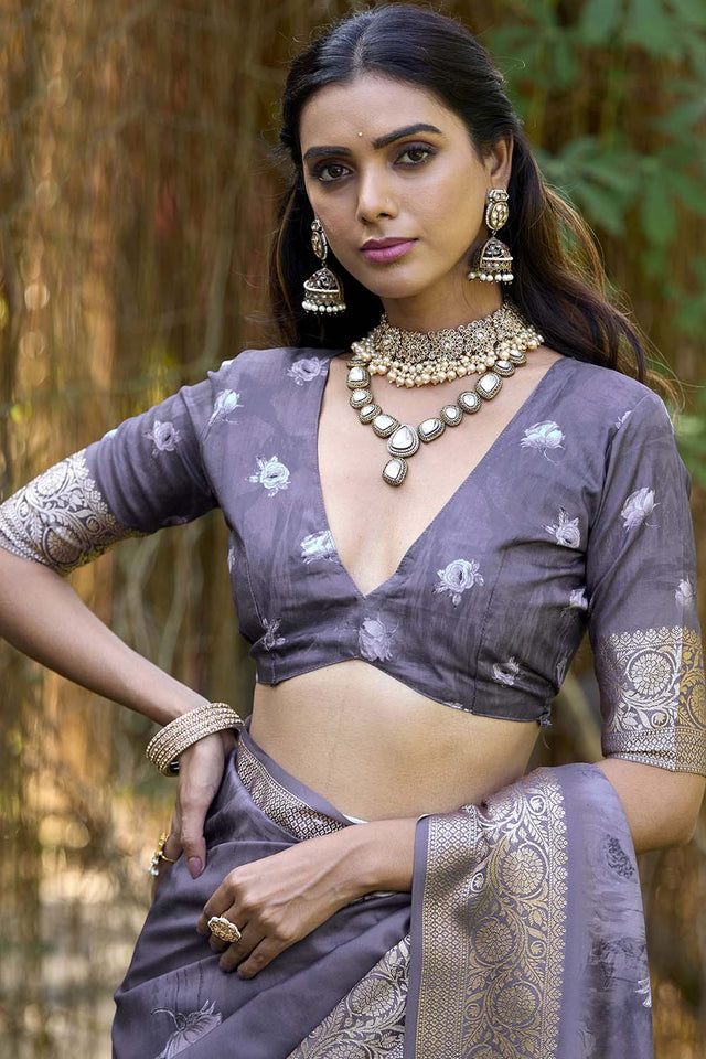 Grey Floral Printed Woven Silk Saree (ACZ6301)