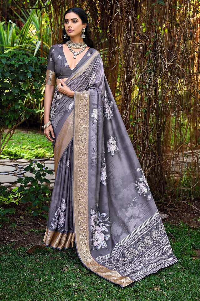Grey Floral Printed Woven Silk Saree (ACZ6301)