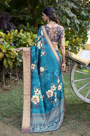 Turquoise Floral Printed Woven Silk Saree (ACZ6302)