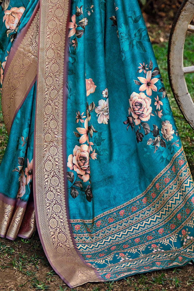 Turquoise Floral Printed Woven Silk Saree (ACZ6302)