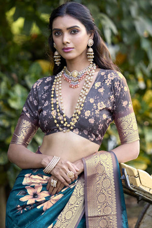 Turquoise Floral Printed Woven Silk Saree (ACZ6302)