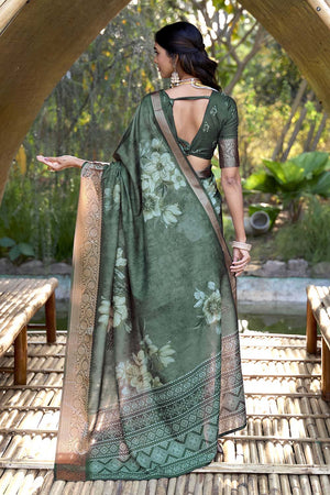 Green Floral Printed Woven Silk Saree (ACZ6307)