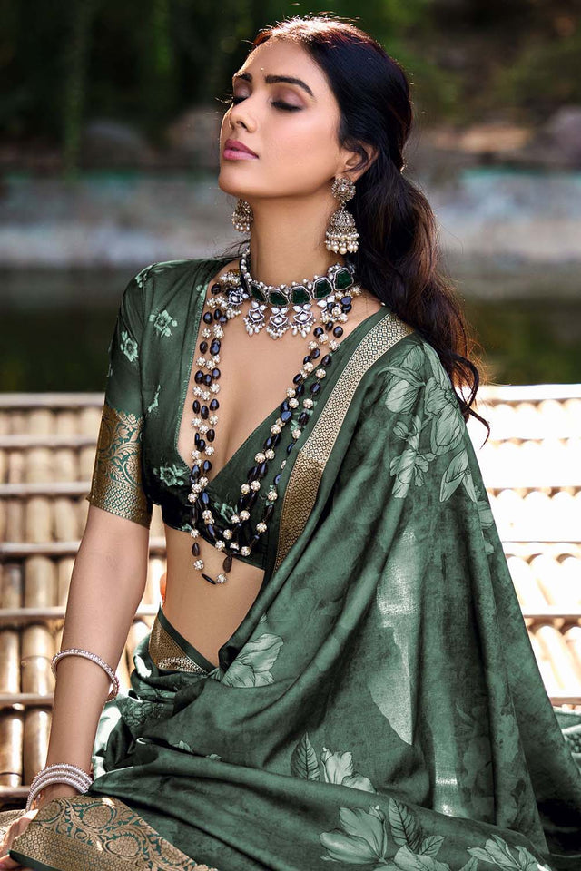 Green Floral Printed Woven Silk Saree (ACZ6307)
