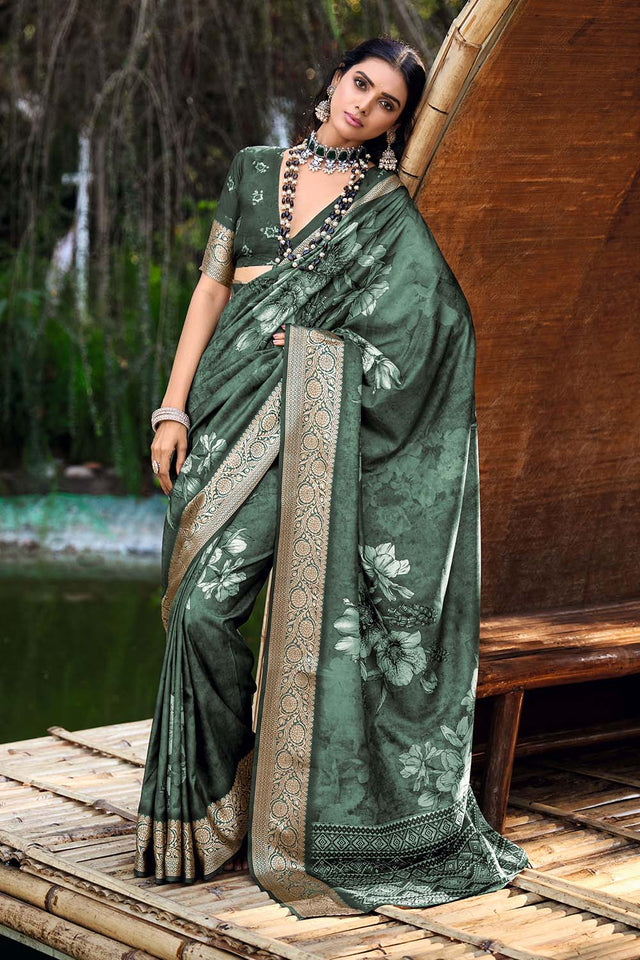 Green Floral Printed Woven Silk Saree (ACZ6307)