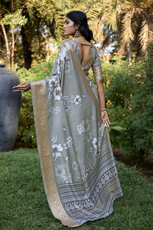 Grey Floral Printed Woven Silk Saree (ACZ6308)