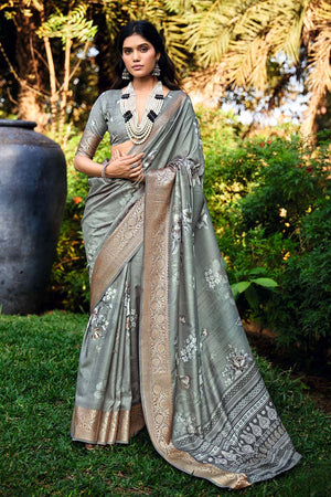 Grey Floral Printed Woven Silk Saree (ACZ6308)