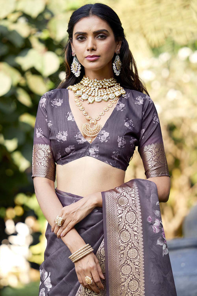 Violet Floral Printed Woven Silk Saree (ACZ6309)