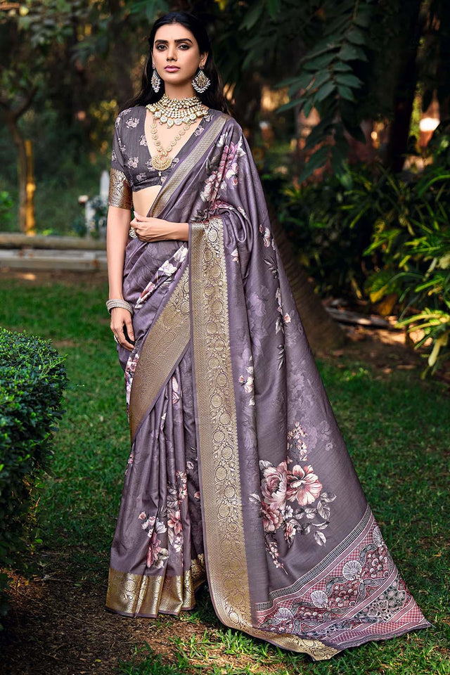 Violet Floral Printed Woven Silk Saree (ACZ6309)