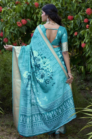 Turquoise Floral Printed Woven Silk Saree (ACZ6310)