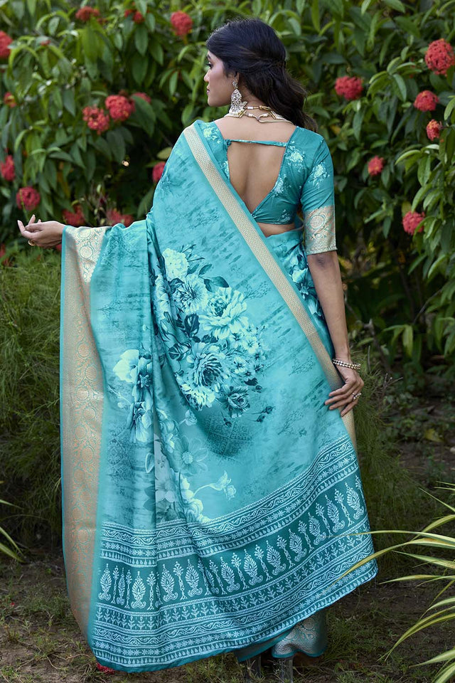 Turquoise Floral Printed Woven Silk Saree (ACZ6310)
