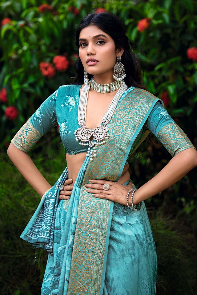 Turquoise Floral Printed Woven Silk Saree (ACZ6310)