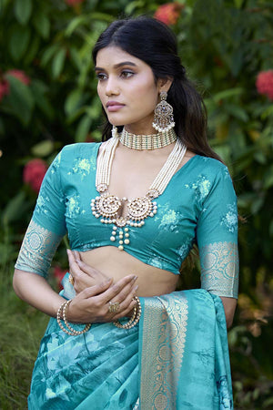 Turquoise Floral Printed Woven Silk Saree (ACZ6310)