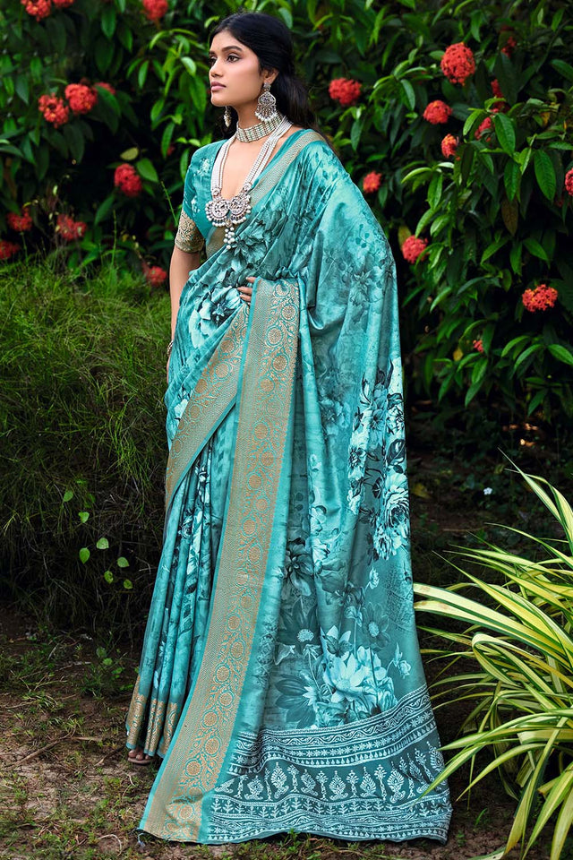 Turquoise Floral Printed Woven Silk Saree (ACZ6310)
