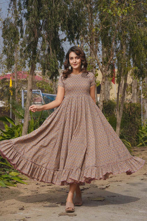 Beige Floral Printed Rayon Dress