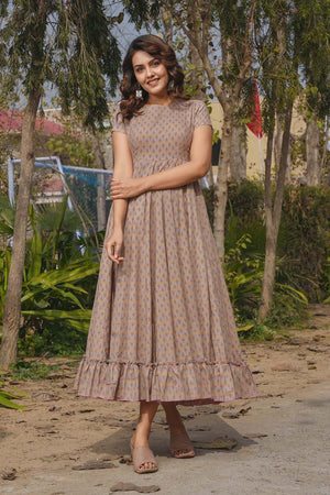 Beige Floral Printed Rayon Dress