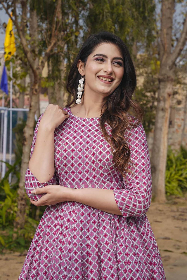 Pink Geometric Printed Rayon Dress