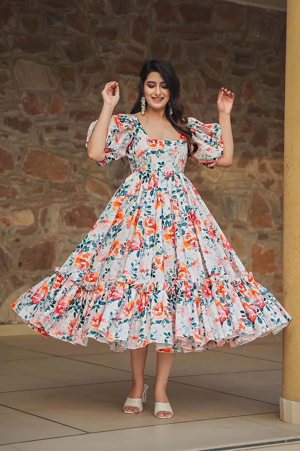 White Floral Printed Rayon Dress (ACZ6344)