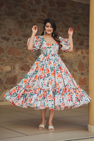 White Floral Printed Rayon Dress