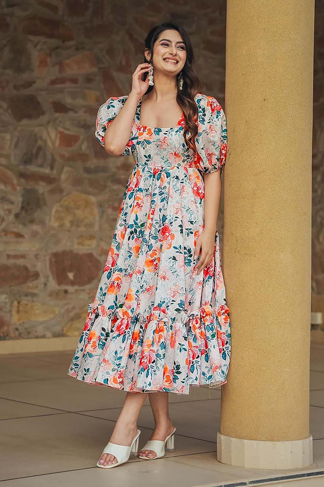 White Floral Printed Rayon Dress