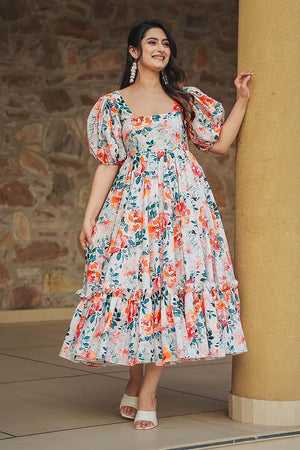 White Floral Printed Rayon Dress