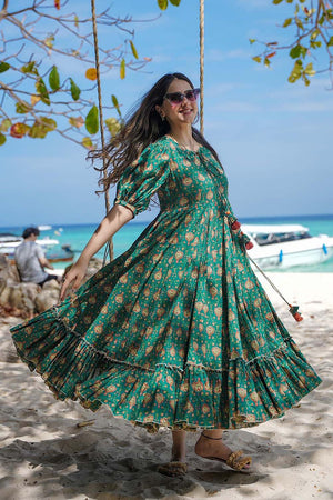 Turquoise Floral Printed Rayon Dress