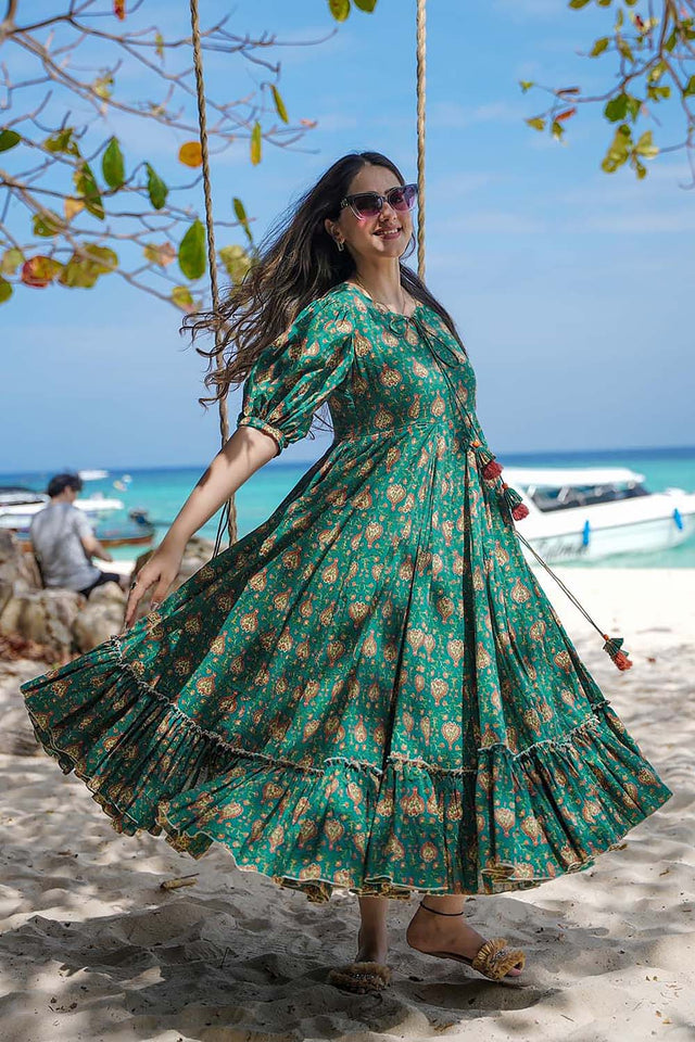 Turquoise Floral Printed Rayon Dress