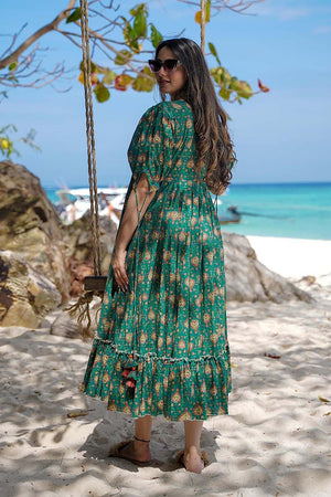 Turquoise Floral Printed Rayon Dress