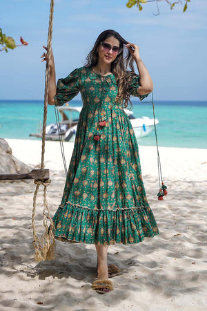 Turquoise Floral Printed Rayon Dress