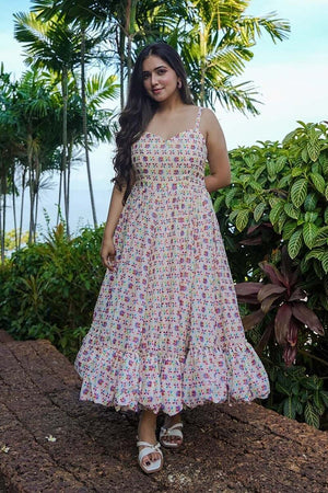 Beige Floral Printed Rayon Dress