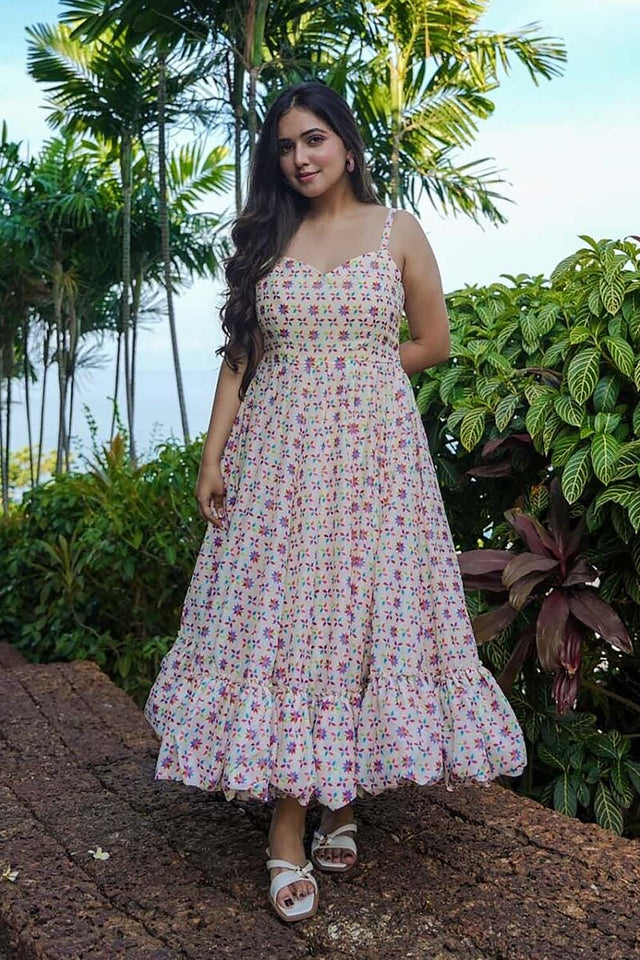 Beige Floral Printed Rayon Dress