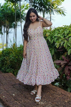 Beige Floral Printed Rayon Dress