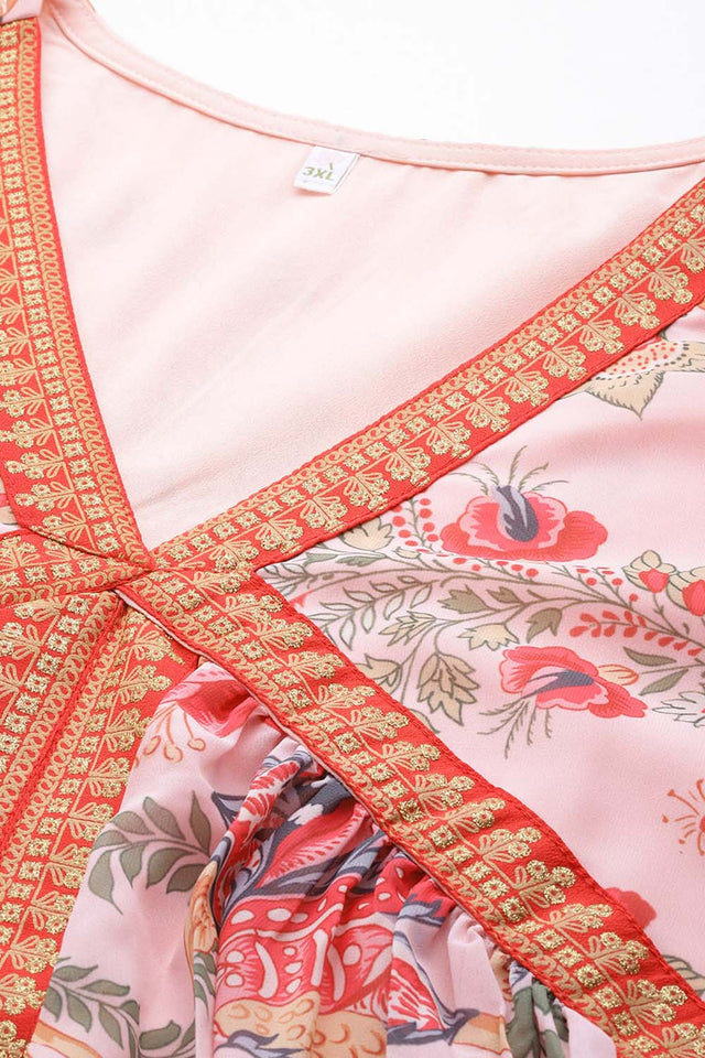 Pink Floral Printed Georgette Kurti Pant Set (ACZ6366)