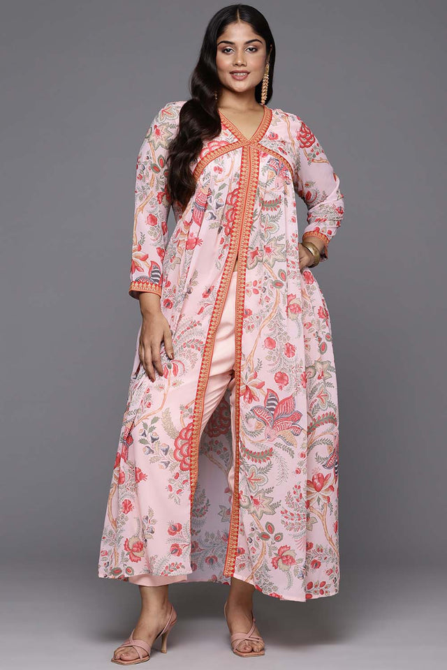 Pink Floral Printed Georgette Kurti Pant Set (ACZ6366)
